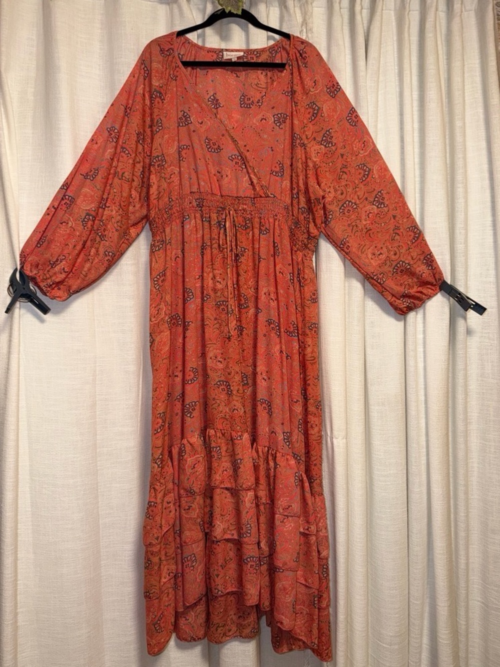 Boho Rust Paisley Maxi Dress with Scrunched Waist